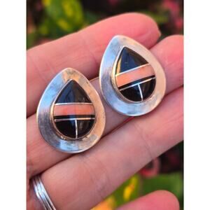 Vintage Native American Sterling Silver Coral & Onyx Inlay Post Earrings